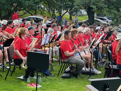 The whole band playing in the park